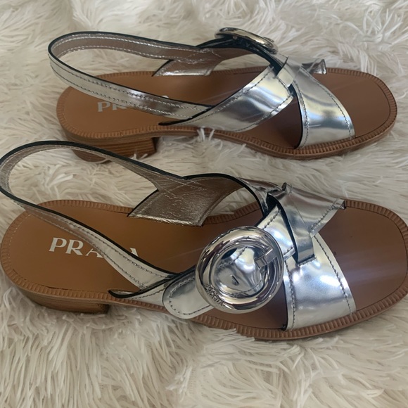 Prada Silver Leather Slingback Block-Heel Sandals - Picture 2 of 10
